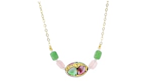 Italian Pink and Green Murano Glass Bead Necklace in 18kt Gold Over Sterling