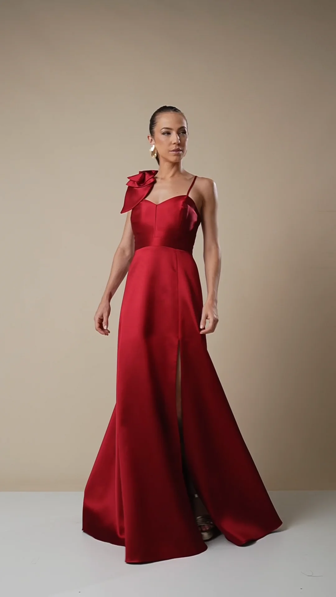 Vestido de Festa Longo em Zibeline com Laço Removível Mocha Mousse