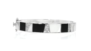Onyx, Mother-of-Pearl and 1.00 ct. t.w. White Topaz Bangle Bracelet in Sterling Silver