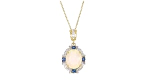 Opal and .10 ct. t.w. Sapphire Pendant Necklace with .11 ct. t.w. Diamonds in 14k Yellow Gold