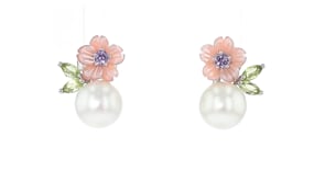 8-8.5mm Cultured Pearl and 8mm Pink Mother-of-Pearl Flower Earrings with .20 ct. t.w. Peridots and .10 ct. t.w. Amethysts in Ste