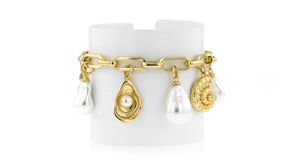 14kt Yellow Gold-Plated Paper Clip Link Seashell Charm Bracelet with Simulated Baroque Pearls