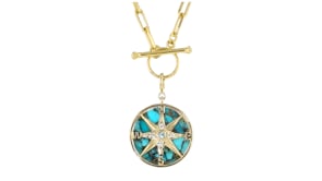 Turquoise and White Topaz Compass Charm with Single Swiss Blue Topaz in 18kt Gold Over Sterling
