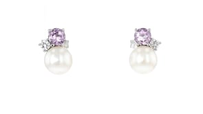 6.5mm Cultured Pearl and .50 ct. t.w. Amethyst Earrings with .10 ct. t.w. Lab-Grown Diamonds in Sterling Silver