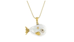 4-20mm Cultured Baroque Pearl Fish Pendant Necklace with White Topaz and Single Black Spinel in 18kt Gold Over Sterling