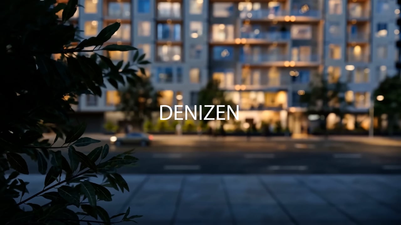 Denizen, San Diego CA — Carmel Partners. Full-block multifamily flythrough across exterior, lobby, and amenity levels.