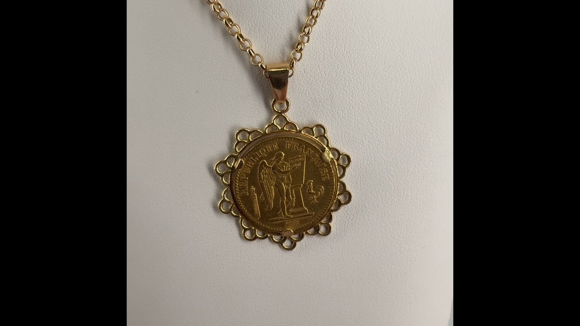 Vintage French 18K Gold Mounted 1889 20 Francs Genie Coin Pendant