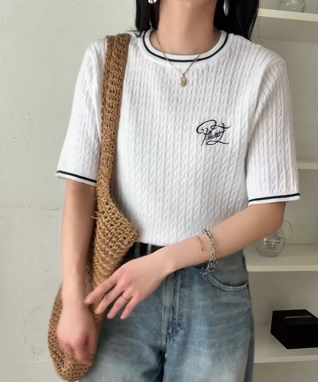 ケーブル編みサイン刺繍サマーニットトップス（半袖）ce1330093