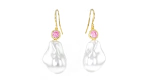 14kt Yellow Gold-Plated Drop Earrings with Simulated Pink Gemstones and Pearls