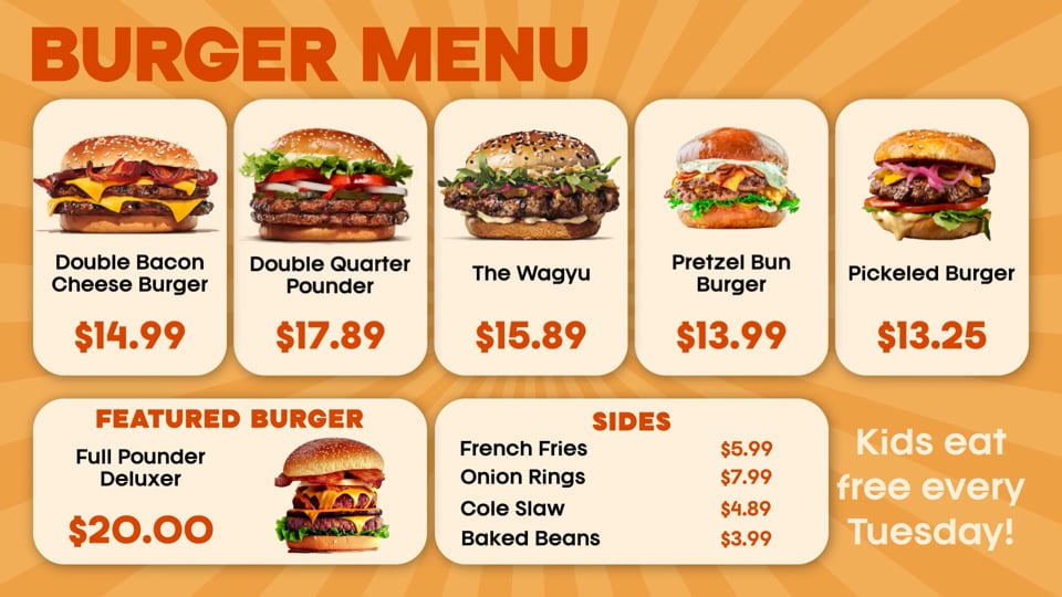 Animated burger menu board with live prices for five burgers and four sides