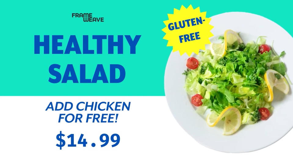 Promo video for a healthy salad at $14.99 with a free chicken add-on