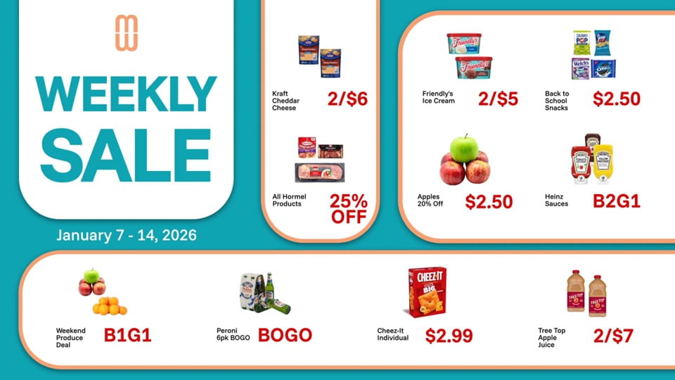 Grocery weekly sale video listing specials with product photos and prices