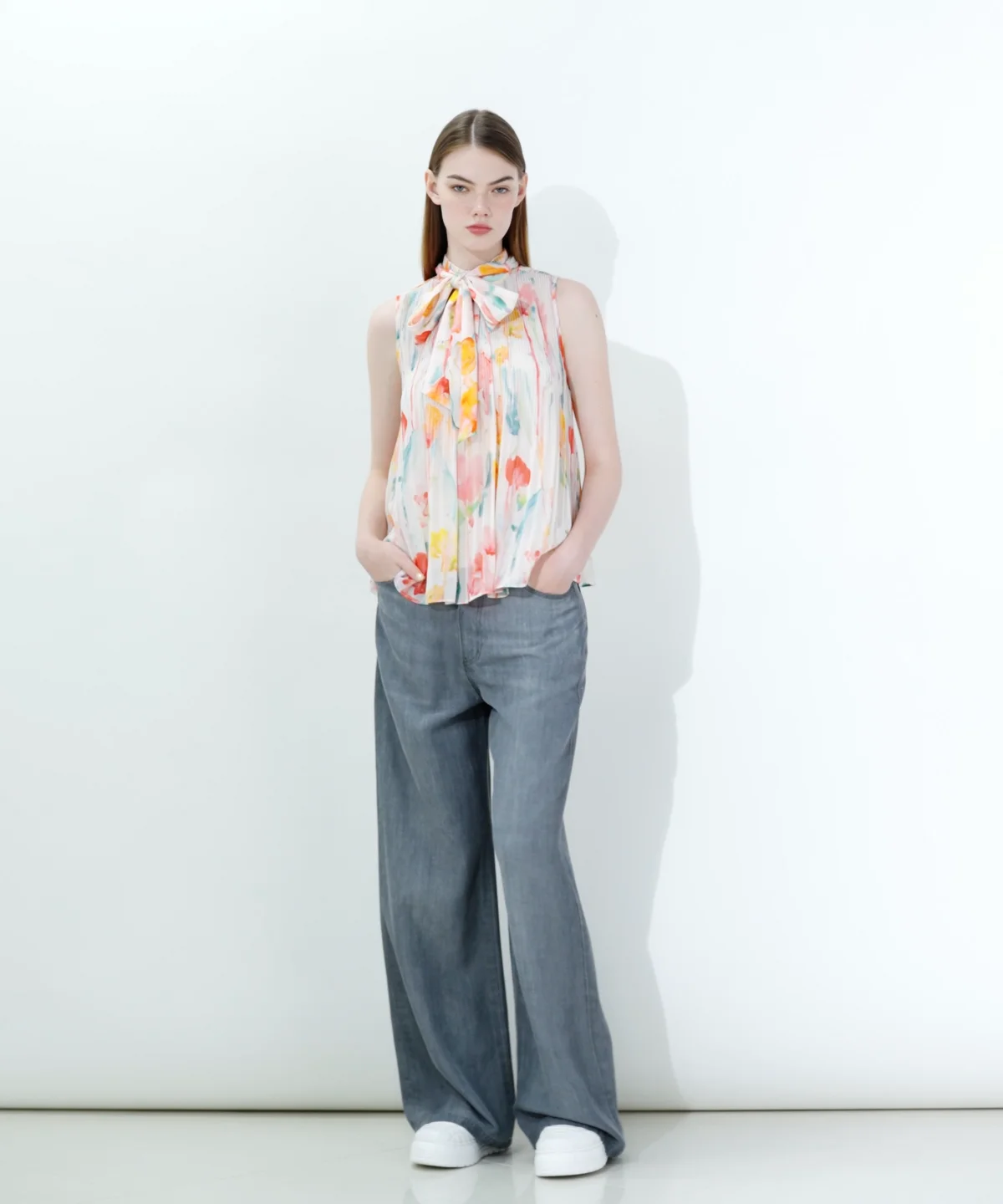 DSC / フラワーシフォンギャザーボウタイノースリブラウス TOPS Night