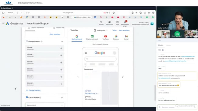 Google Ads-Strategie & Zielgruppen-Optimierung für Wellness-Anbieter, Landingpage-Check & Retina-Display-Optimierung, Fehlerbehebung bei Google Ads: Kampagnen-Bugs & Editor-Workaround mit Malte vom 21.05.26