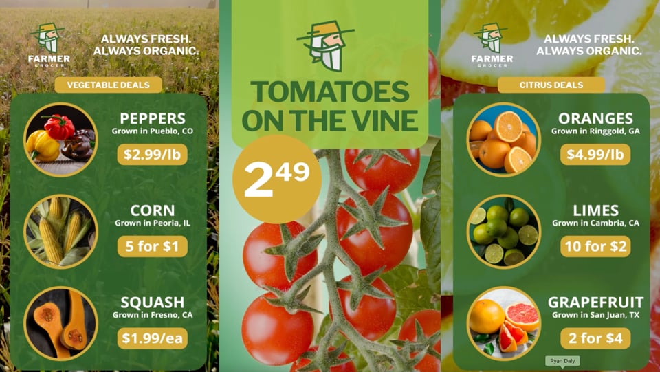 Three portrait produce screens with prices for tomatoes, peppers, oranges and more