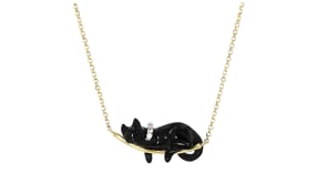 Black Agate Cat Necklace with White Topaz in 18kt Gold Over Sterling