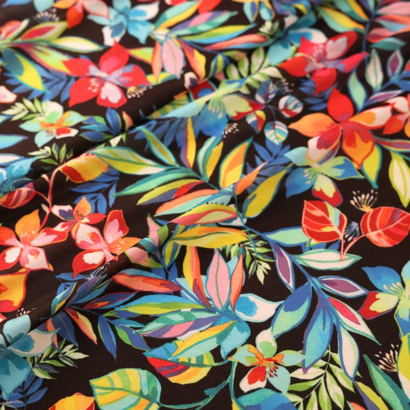 Vidéo: Jersey imprimé – Fleurs tropicales multicolores