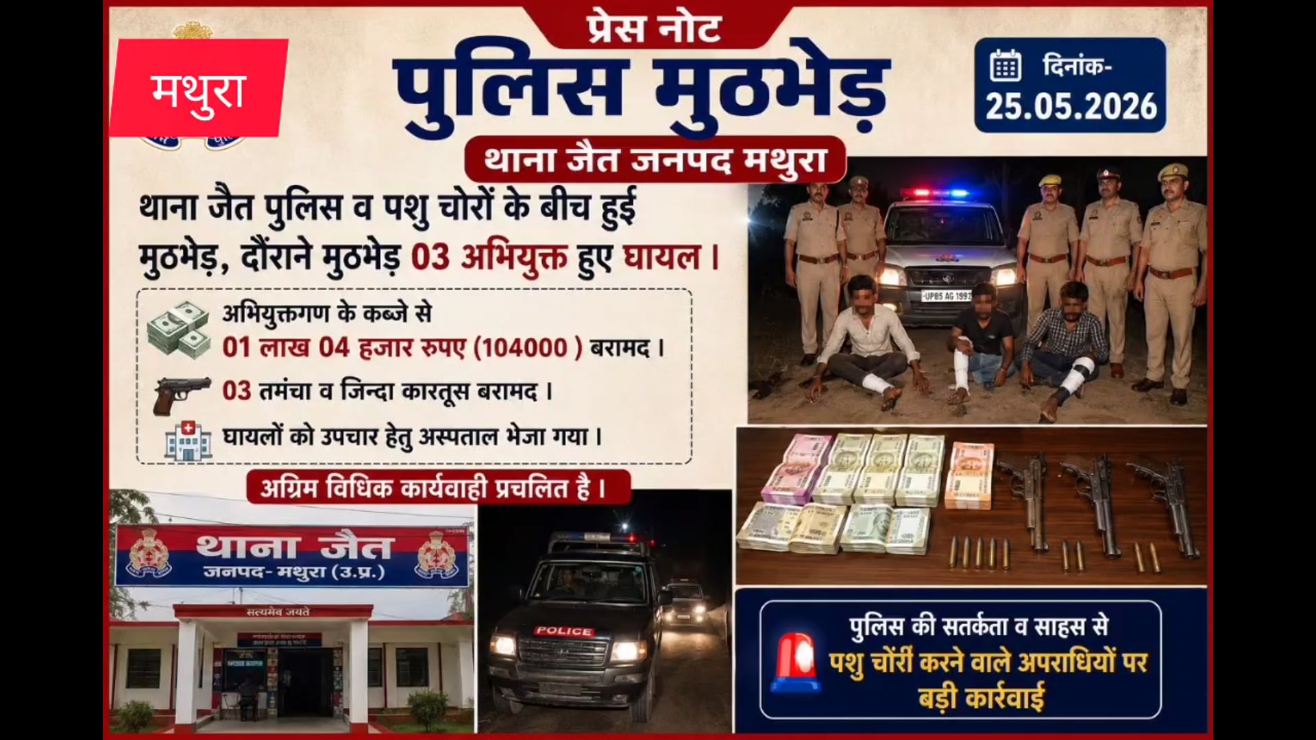 थाना जैत पुलिस की बड़ी सफलता, मुठभेड़ में 3 पशु चोर घायल; नकदी और हथियार बरामद