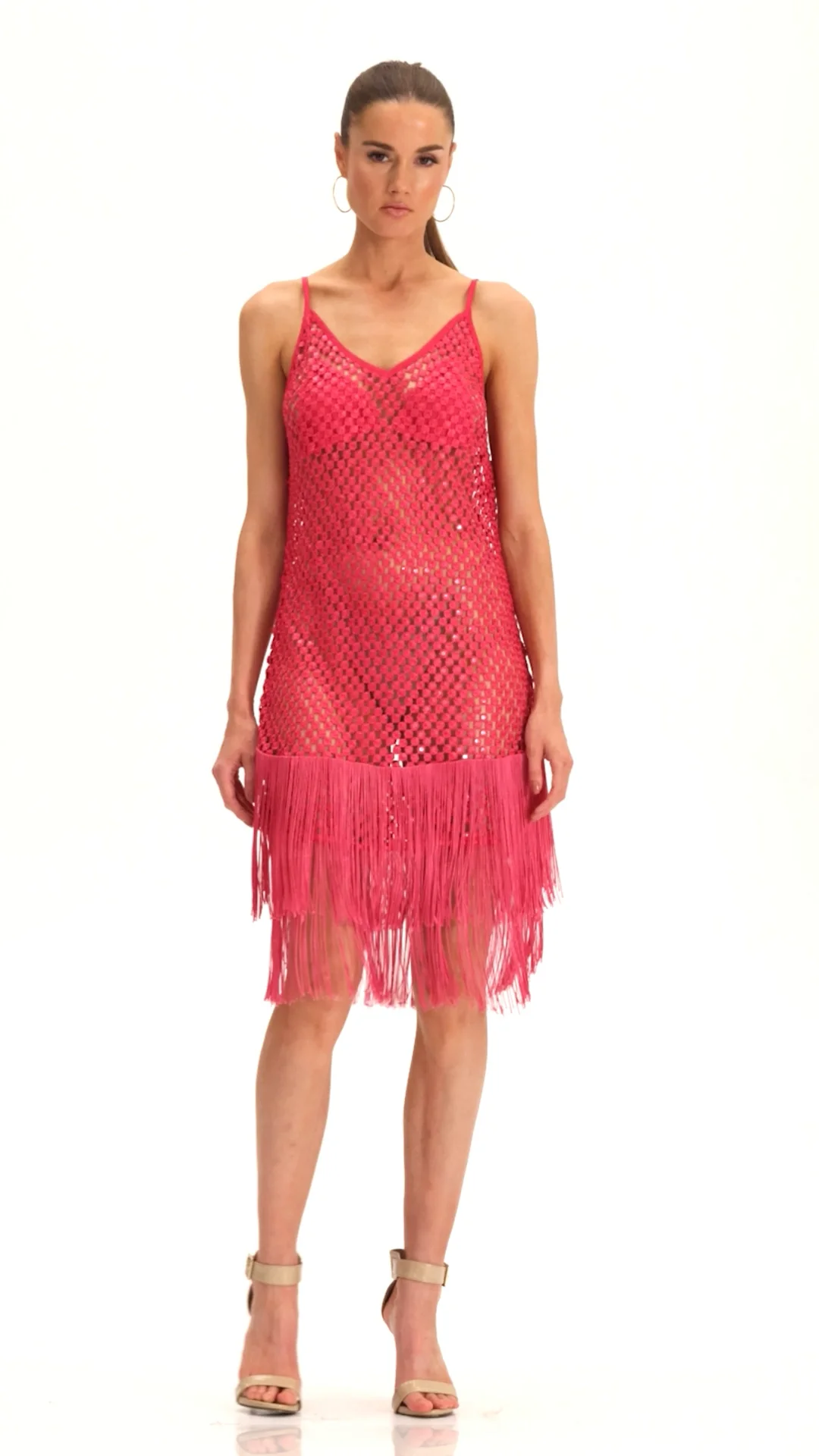 pink fringe midi dress V Neck Fringe Pleated Midi Dress - Shocking Pink