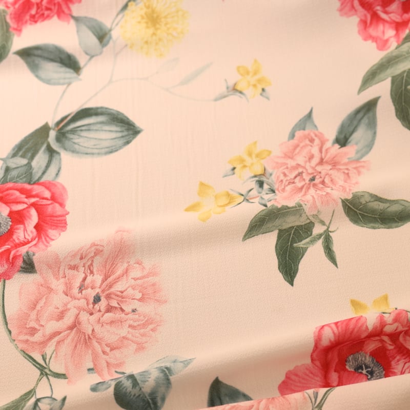 Vidéo: Crêpe imprimé - Fleurs roses et jaunes fond blanc