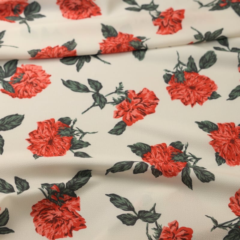 Vidéo: Crêpe imprimé - Fleurs rouges fond écru