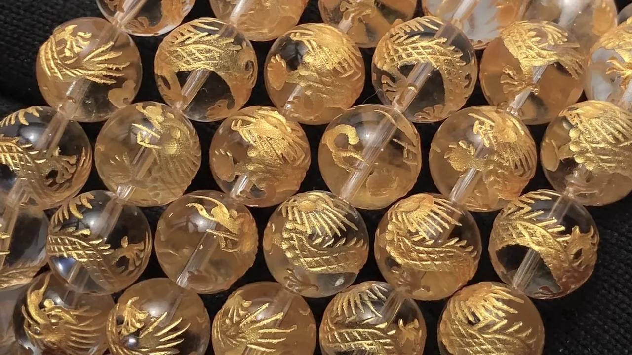 金色！青龍(四神獣)の彫刻入り！クリスタル AAA ラウンド12mm 1/4連~1