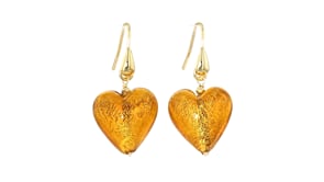 Italian Amber-Colored Murano Glass Heart Drop Earrings