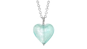 Italian Aqua-Blue Murano Glass Heart Necklace with Rhodium-Plated Chain