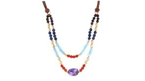 Multi-Gemstone Bead Layered Necklace with Brown Leather Cord