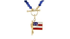 Mother-of-Pearl and 2.30 ct. t.w. Ruby American Flag Charm with Blue Enamel in 18kt Gold Over Sterling