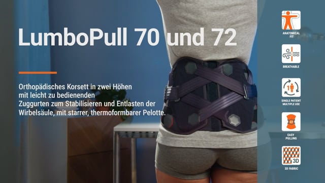 LumboPull 70 und 72 -Schmale/Breite Orthese mit Flaschenzug-Spanngurten zum Stützen und Entlasten der LWS bzw. LWS/BWS und zur Mobilisierung, mit formstabiler, thermoverformbarer Pelotte