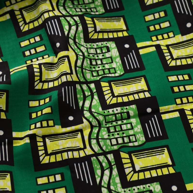 Vidéo: Tissu Wax 100% coton – Motif géométrique vert et jaune (coupon de 2,70 mètres)