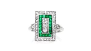 C. 1990 Vintage .56 ct. t.w. Diamond and .53 ct. t.w. Emerald Ring in Platinum