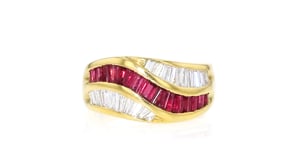 C. 1990 Vintage 1.32 ct. t.w. Ruby and .50 ct. t.w. Diamond Wave Ring in 18kt Yellow Gold