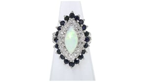 C. 1980 Vintage Opal and 1.60 ct. t.w. Sapphire Ring with .18 ct. t.w. Diamonds in 14kt White Gold