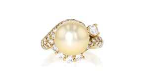 C. 1980 Vintage 11.5mm Golden Cultured Pearl and 1.41 ct. t.w. Diamond Ring in 18kt Yellow Gold