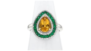 C. 1980 Vintage 1.55 Carat Citrine Ring with 1.00 ct. t.w. Diamonds and .75 ct. t.w. Emeralds in 18kt White Gold