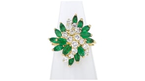 C. 1980 Vintage 2.20 ct. t.w. Emerald and 1.05 ct. t.w. Diamond Ring in 18kt Yellow Gold