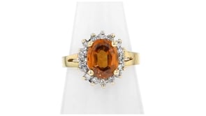C. 1980 Vintage 3.15 Carat Orange Zircon and .40 ct. t.w. Diamond Ring in 14kt Yellow Gold
