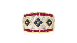 C. 1980 Vintage .75 ct. t.w. Ruby and .45 ct. t.w. Sapphire Ring with Diamonds in 14kt Yellow Gold