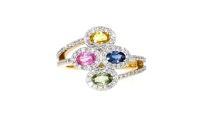 C. 1990 Vintage 1.20 ct. t.w. Multicolored Sapphire Ring with .75 ct. t.w. Diamonds in 14kt Yellow Gold