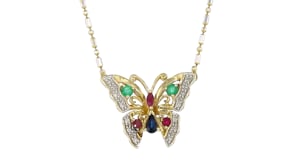 C. 1980 Vintage .68 ct. t.w. Multi-Gemstone and .12 ct. t.w. Diamond Butterfly Necklace in 14kt Two-Tone Gold