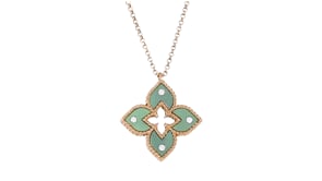 C. 1990 Vintage Roberto Coin Green Enamel Necklace with Diamonds and Single Synthetic Ruby in 18kt Rose Gold