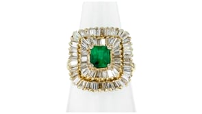 C. 1980 Vintage .50 Carat Emerald and 2.00 ct. t.w. Diamond Ring in 14kt Yellow Gold