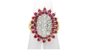 C. 1980 Vintage 1.50 ct. t.w. Ruby and 1.15 ct. t.w. Diamond Ring in 14kt Yellow Gold