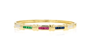 C. 1980 Vintage 1.10 ct. t.w. Multi-Gemstone Bangle Bracelet with Diamonds in 14kt Yellow Gold