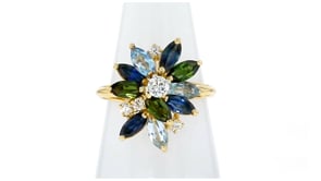 C. 1980 Vintage 2.56 ct. t.w. Multi-Gemstone and .35 ct. t.w. Diamond Cluster Ring in 18kt Yellow Gold