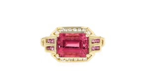 C. 1970 Vintage 2.85 Carat Pink Tourmaline and .44 ct. t.w. Rhodolite Garnet Ring with .16 ct. t.w. Diamonds in 14kt Yellow Gold