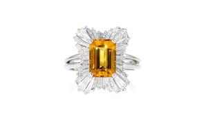 C. 1990 Vintage 2.55 Carat Citrine and 2.75 ct. t.w. Diamond Ballerina Ring in Platinum