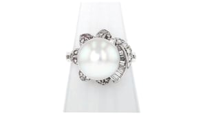 C. 1980 Vintage 11.5mm Cultured Pearl and .65 ct. t.w. Diamond Ring in 18kt White Gold